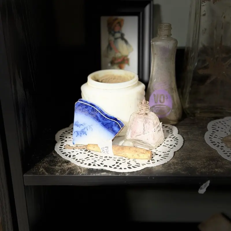 Historic Vanity Relics Collection #1 – Woodbury Jar, VO5 Bottle, Perfume Bottle & Antique Finds