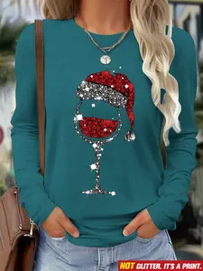 Women's Casual Graphic Long Sleeve Top, Round Neck Fitted Tee, Christmas Print, Thin Fabric, Suitable for All Seasons, Womenswear