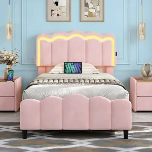 CollaredEagle Upholstered Platform Bed Frame - Soft Beige Velvet with Ornate Tufted LED Headboard & Footboard, Luxury Modern Lighted Bedframe Headboards for Summergarden Modern Bedroom Decor, Led Bedframe Headboards