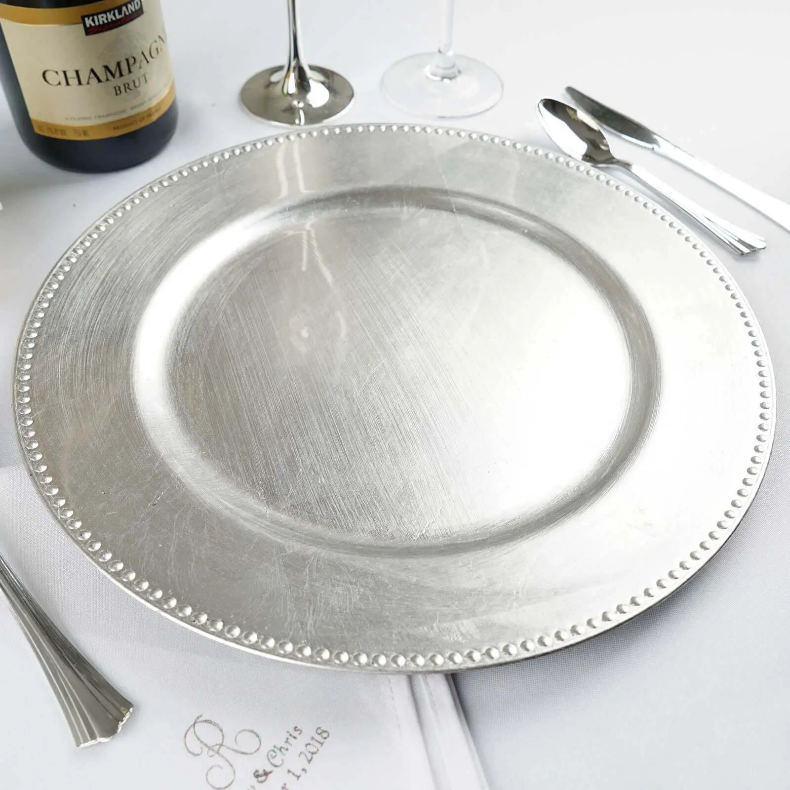 13-in Round Silver Beaded Edge Tableware, 6-Pack Charger Plates - Dinner Tabletop Decor, Six Pack Charger