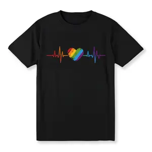 [100% Cotton] Mature & Casual Pride Month Rainbow Heartbeat Pattern Men Regular Shoulder Black Short Sleeve T-Shirt For Summer, Boyfriend Gift T-Shirt For Men And Women