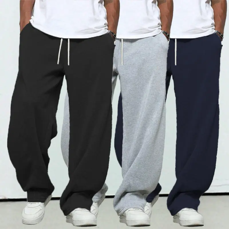 Men’s Fleece-Lined Long Casual Athletic Pants, Elastic Drawcord Waist, Loose Straight-Leg, Sporty Chic Style, Black/Gray/Blue, All-Season Wear for Everyday & Back-to-School