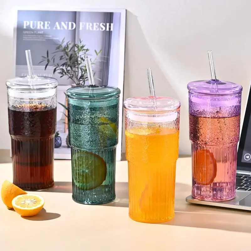 2 Pack Ribbed Glass Tumblers with Lids and Glass Straws, 20 oz Iced Coffee Cups