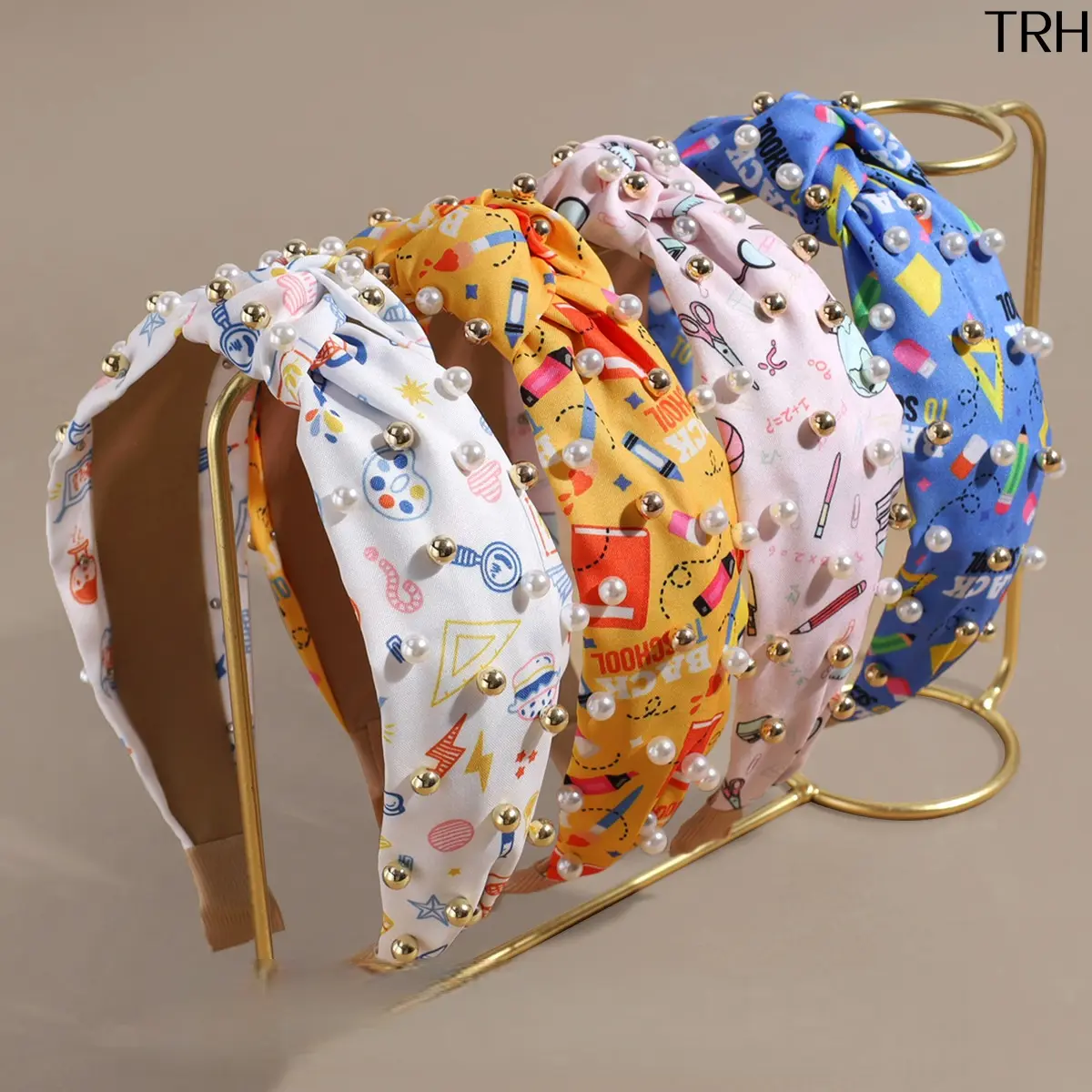Back To School Knotted Fabric Headband For Women, Wide Band Pearl Gold Bead Printed Hair Hoop, Elegant Stationery Print Hair Accessory, Soft Cloth Turban Headband, Trendy Classroom Daily Hair Decor