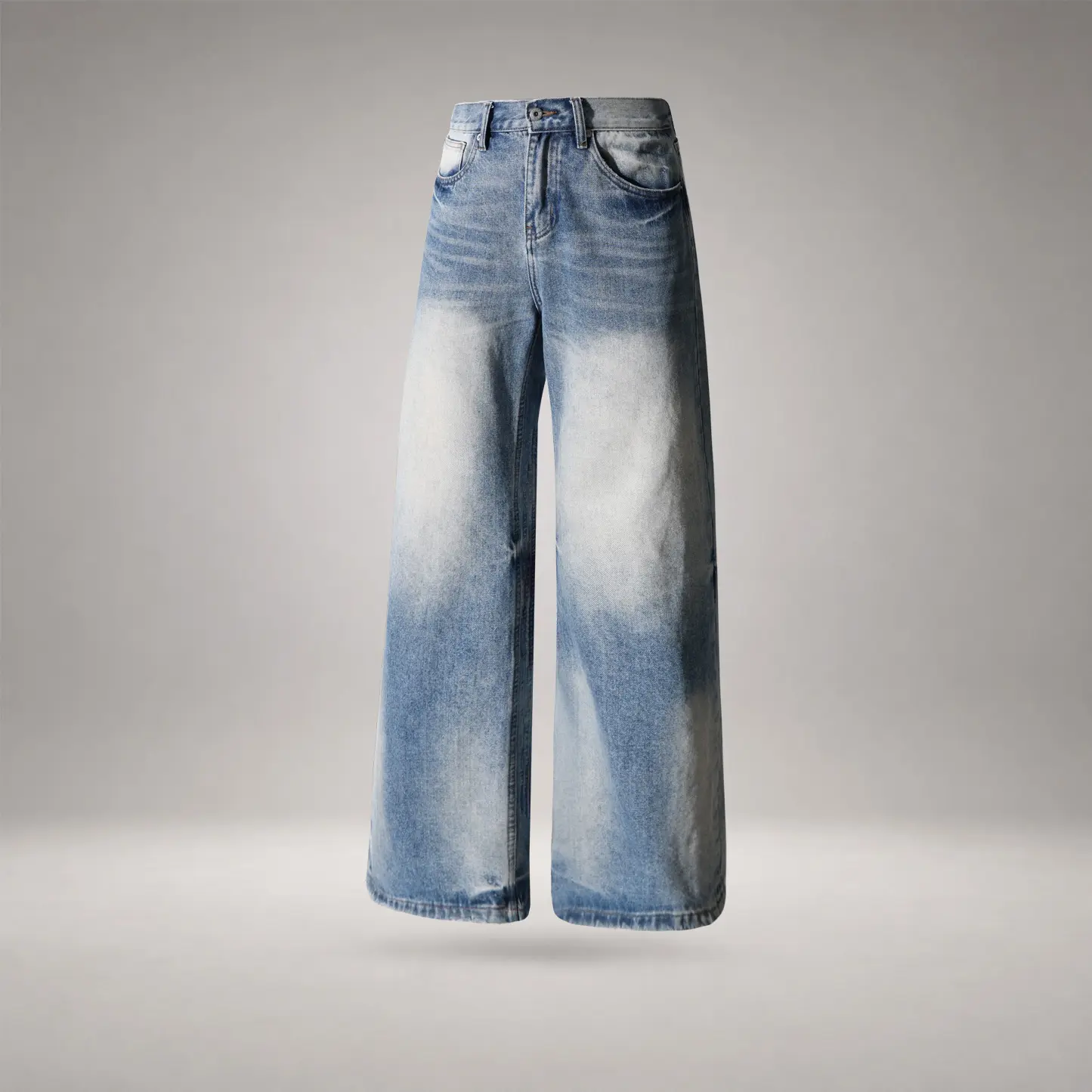 Men's Washed Blue Straight Leg Denim Jeans - Polyester, Smooth, Textured, Relaxed Fit, Distressed Cat Whisker Design, Vintage Cowboy Streetwear Menswear Matching Pants #L020