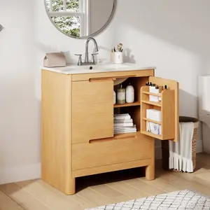 30" Softened Modern Bathroom Vanity with Ceramic Sink, Natural Wood Grain, Solid Wood Frame, Soft-Close Doors & Drawer, Adjustable Shelf , All-in-One Package, Oak