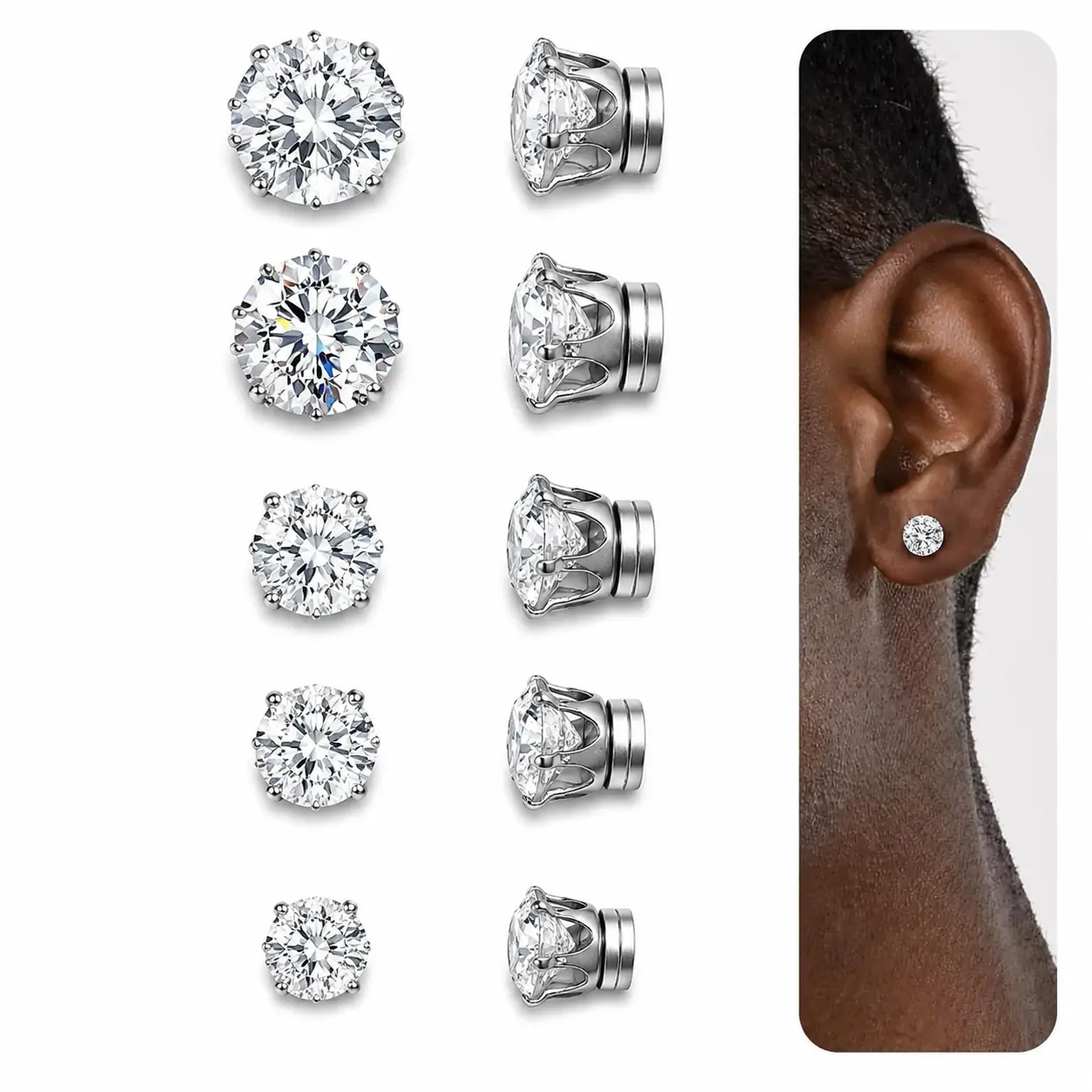 5 Pairs Magnetic Stud Earrings for Non-Pierced Ears, Fake Piercings, No-Piercing Clip-On CZ Earrings Set for Women & Men, Silver-Tone Round Cubic Zirconia Ear Studs, Pierced Post Option, Everyday Jewelry, Back to School Labor Day Gift