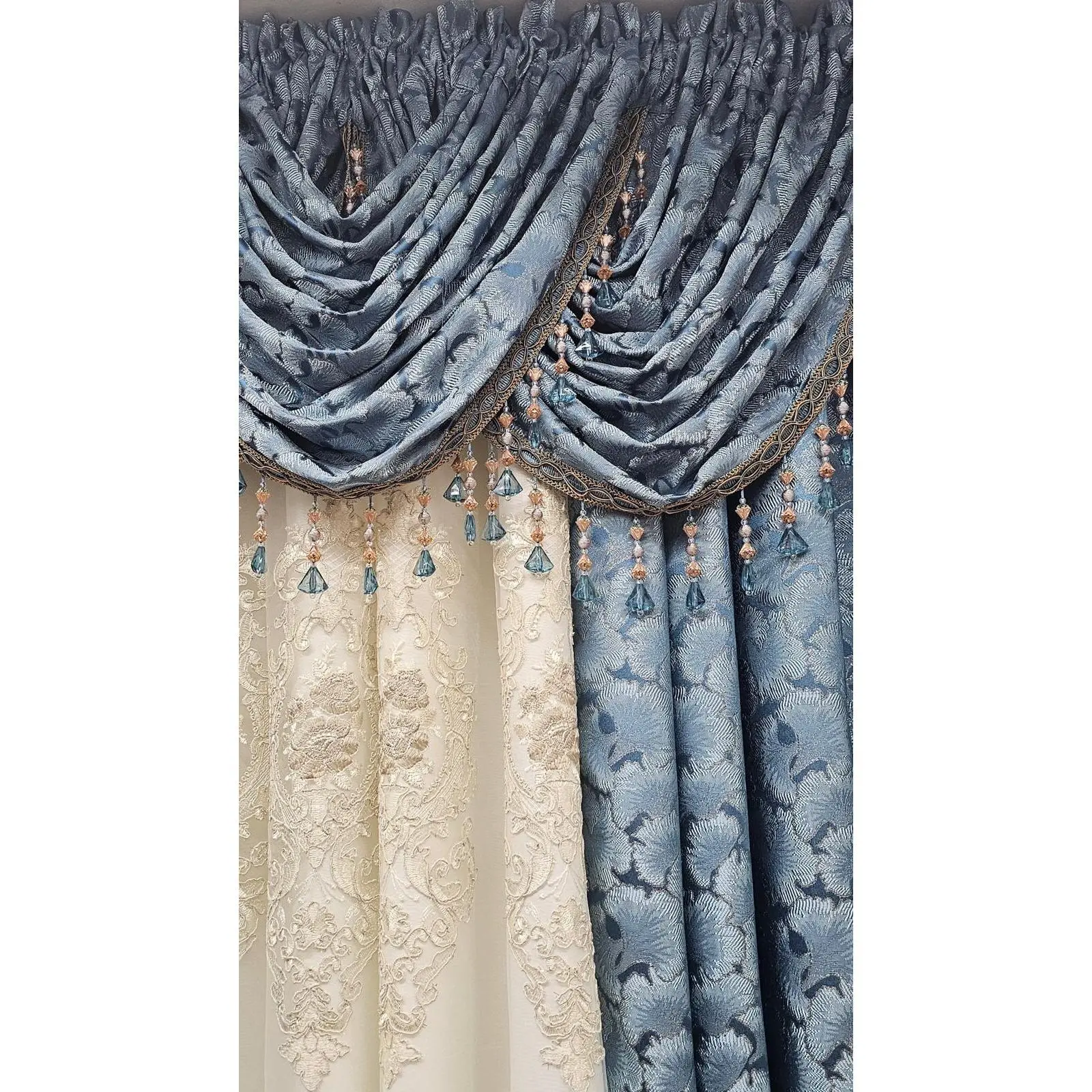 Luxury Stefania Teal 7PC Curtain Set with Monrose Embroidered Center Curtain & Backing
