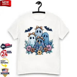 Retro Halloween Blue Denim Ghost T-Shirt Featuring Trendy Patchwork and Cute Boo Ghost Coquette Design for Fall Fans