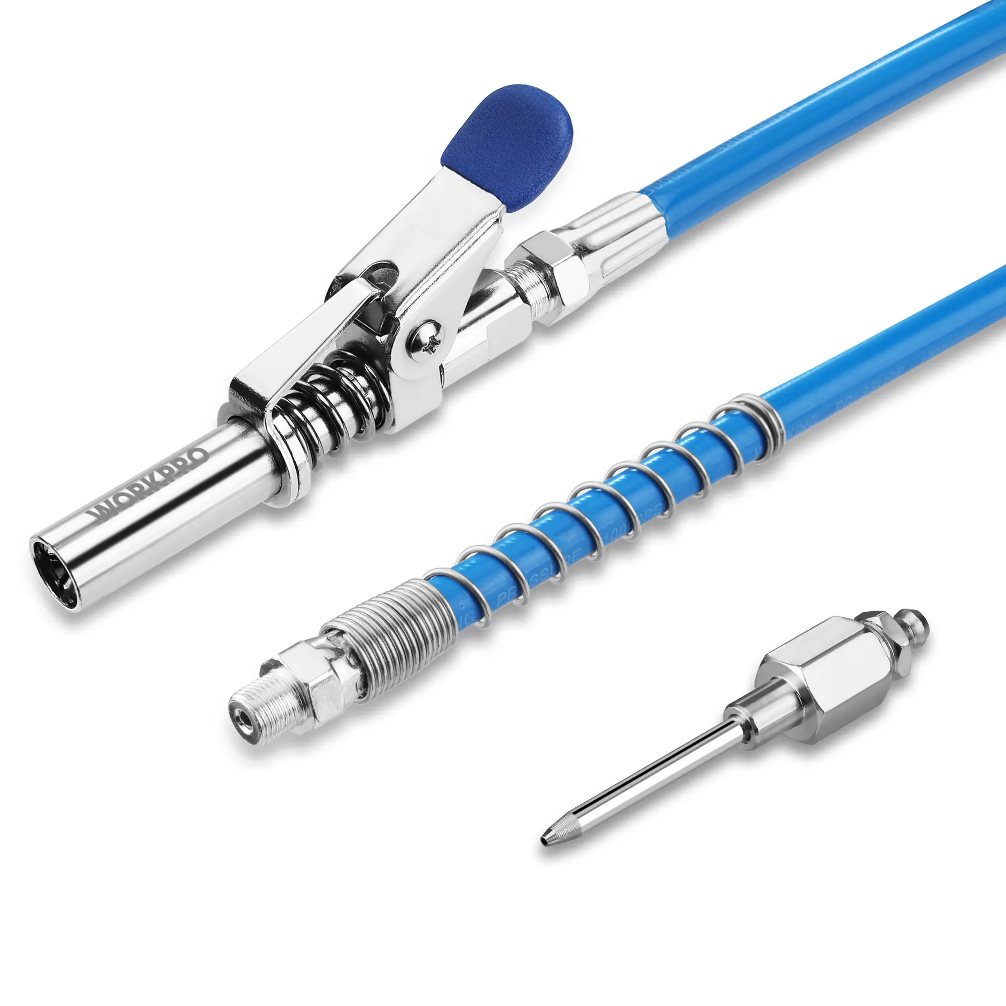 #backtoschool WORKPRO Grease Gun Coupler Set, Quick Release Grease Gun Coupler with Grease Gun Needle Tip and 12” Grease Gun Hose, 10000PSI Strong Lock onto Zerk Compatible with 1/8" NPT Fittings