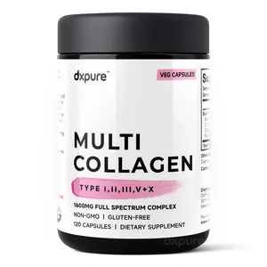 dxpure Multi Collagen Peptides Types I II III V X 1600mg 120 Capsules Non-GMO Gluten-Free Vegan Friendly Full-Body Support