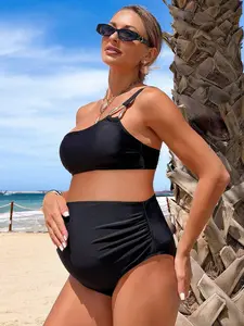 PRINCELY Pregnant Women's Solid Color Halter Fashionable Bikini Swimsuit Set