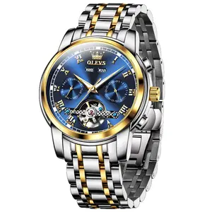 OLEVS Self Winding Watches for Men 6607 Tourbillon Automatic Mechanics Luxury Dress Stainless Steel Strap Luminous Waterproof 3ATM 41mm Dial 20mm Strap
