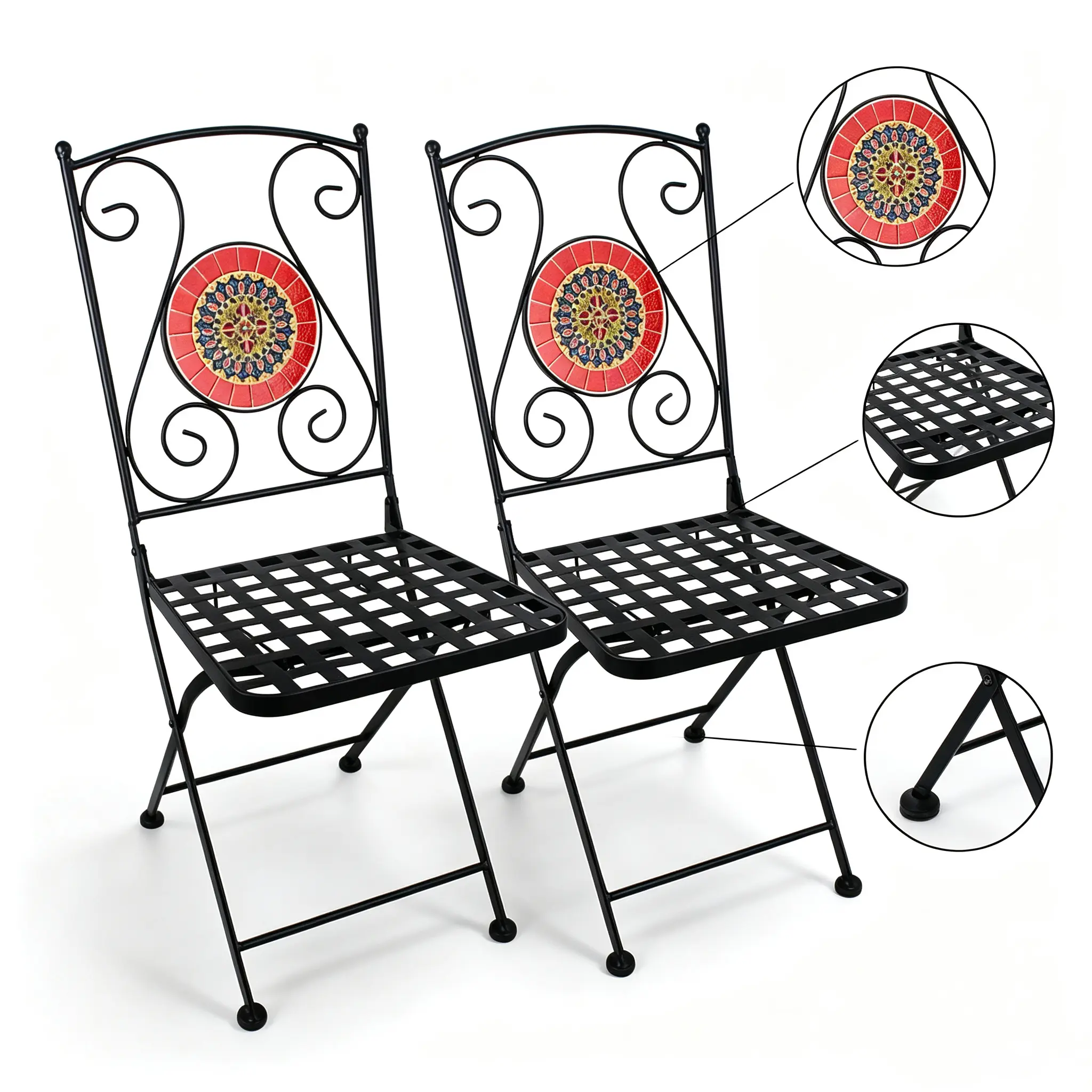 2-Pack Vintage Red Mosaic Decorative Metal Folding Patio Chairs, Foldable Iron Chairs for Porch Deck Outdoor Leisure Dining