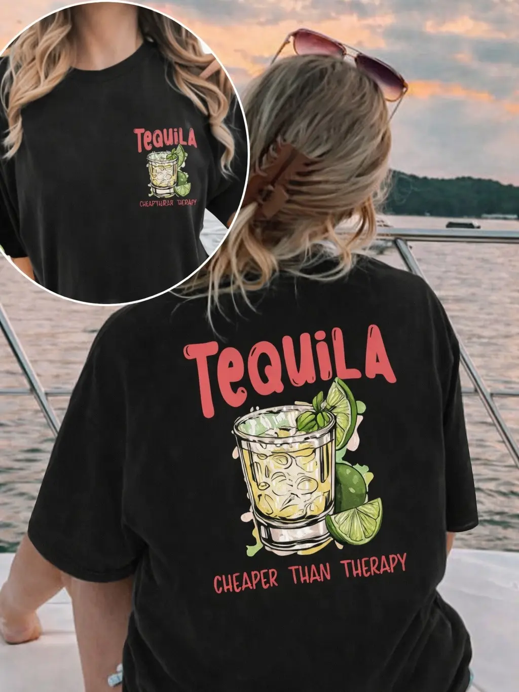 Women's 100% Cotton Cute Tequila Print Short-Sleeve Loose-Fit Basic Top - Double-Sided Digital Graphic, Pull On, Casual Street, Holiday, Sexy, All Seasons, Preppy Sporty Chic, Refer to Size Chart