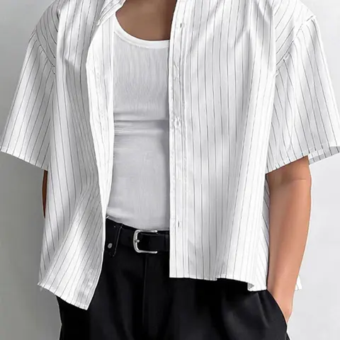 INCERUN Men's Simple Striped Short Sleeve Shirt, Casual Button Up, Casual Half Sleeve, Casual Relaxed Fit, Cropped Design, Casual Lapel Button Top, Casual Collared Shirt for Summer Outdoor Wear, Fashion Men's Clothes for Daily Wear, Menswear