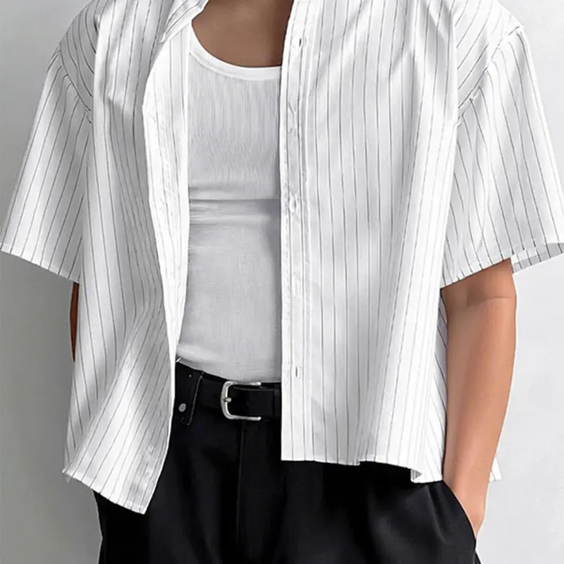 INCERUN Men's Simple Striped Short Sleeve Shirt, Casual Button Up, Casual Half Sleeve, Casual Relaxed Fit, Cropped Design, Casual Lapel Button Top, Casual Collared Shirt for Summer Outdoor Wear, Fashion Men's Clothes for Daily Wear, Menswear