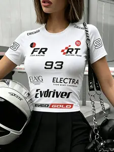 Dark Racing Style Women's Top, Print Racing Suit + Slim Fit + All, Trendy Streetwear, High Stretch Knit Fabric, Durable Printing