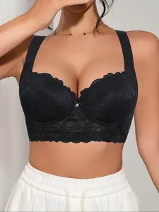Women's Sexy Lace Bra, Floral Mesh Design, Elegant High-End Style, Adjustable Straps, All Seasons Wear, Casual Bra