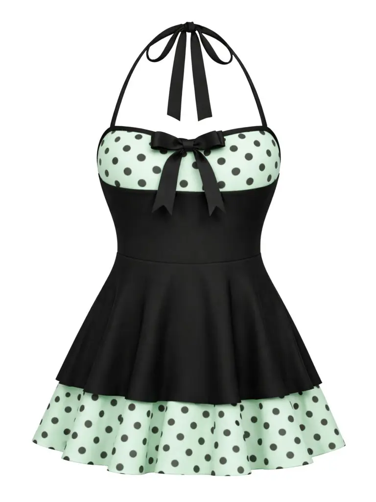 RETRO STAGE Women's Black & Mint Green 1940s Polka Dot Haltered Neck Sleeveless 1-Piece Swim Dress, Multi-Size Period Swimwear, 4th of July Summer Swimsuit for Women, Polka Dots, One Piece Swimsuits BackToSchool