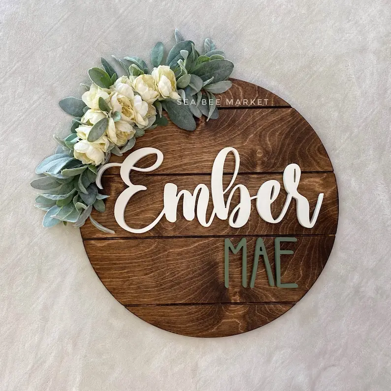 Round Name Sign With Florals - Wood Circle Sign - 3D Name Sign - Floral Nursery - Flower Nursery Peonies and Lamb’s Ear