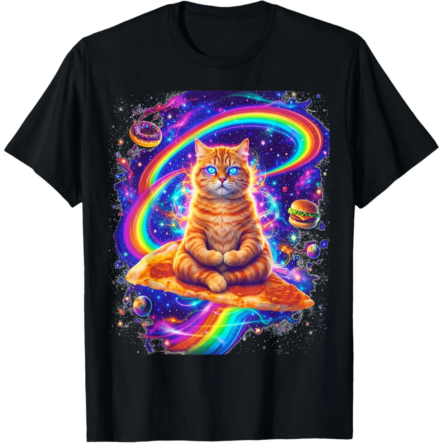 100%cotton Trippy Space Cat Shirt Cosmic Pizza Rainbow Galaxy Yoga T-Shirt