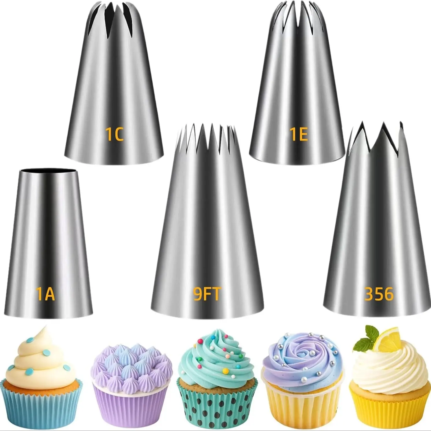 Large Piping Tips Set, Stainless Steel Bakeware Cake Decorating Tips, Baking Tools, 5 Pieces Frosting Icing Tips for Cake Decorating, Cupcakes, Cookie, Baking Accessories, Cake Decoration Tools, Baking Supplies (1A 1E 1C 9FT 356)