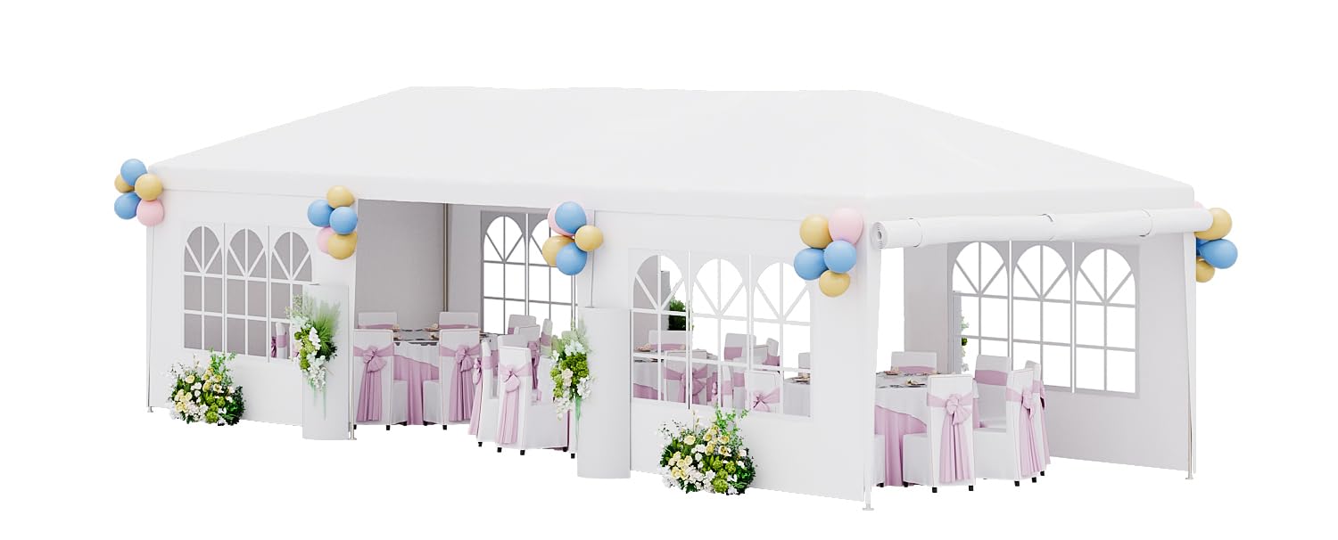 10x30 Party Tent with Removable Sidewalls for Outdoor Events | Waterproof PE Canopy with Mesh Windows, 2 Zippered Doors, Rust-Resistant White Steel Frame for Weddings, Parties & BBQs  10'x30' Outdoor Party Tent with 8 Removable Sidewalls