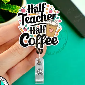 NataliaMade Funny Teacher Badge Reel- Halt Teacher Half Coffee Retractable ID Badge Holder for Teachers, Professors teacher appreciation