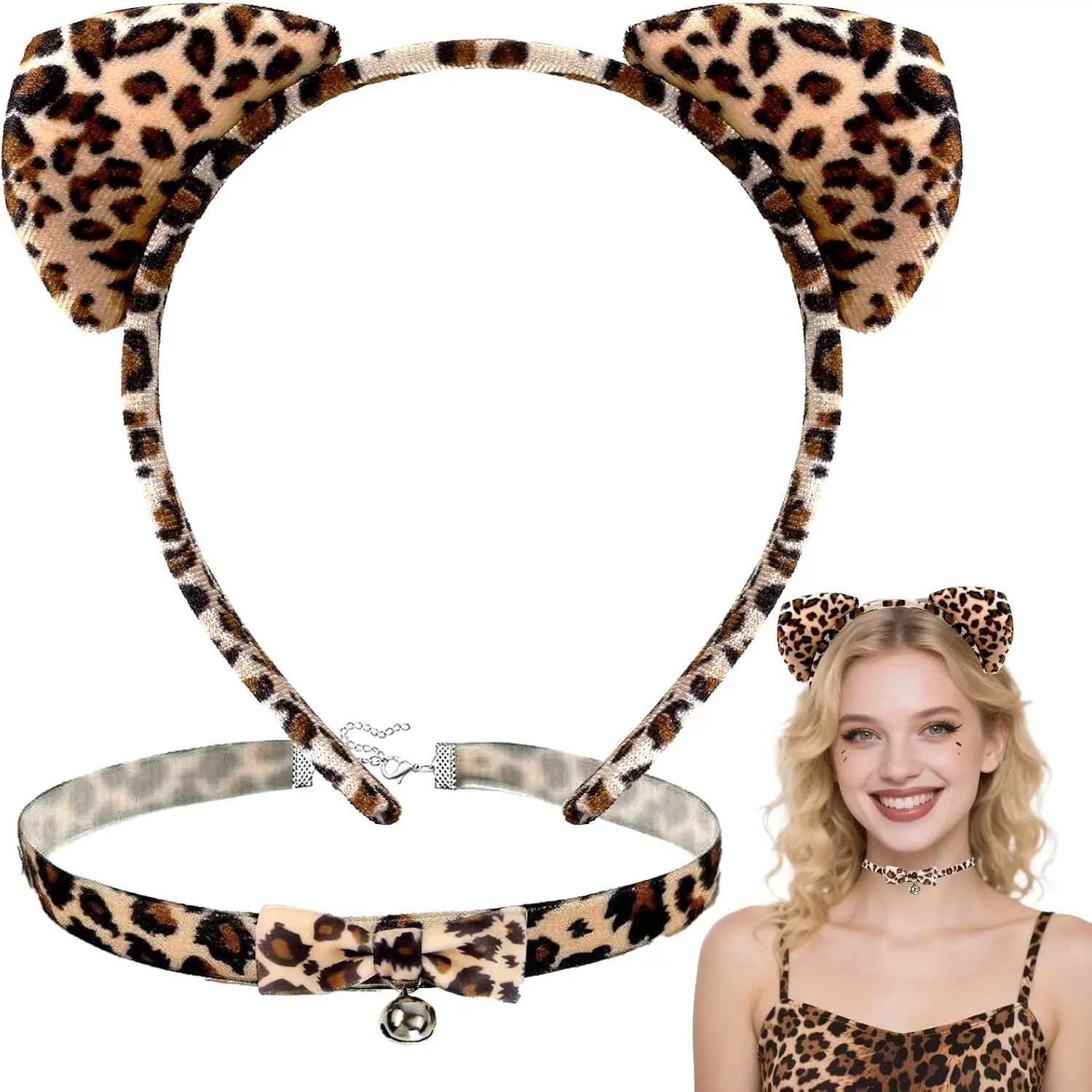 Leopard Cheetah Ears Headband & Velvet Choker Necklace, Leopard Cat Print Ears for Cheetah Costume Women Adult, Halloween Headband Cosplay Accessories