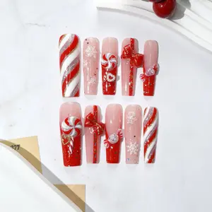 [BUY 2 GET 1 FREE] Long Candy Cane Press On Nails, Red White Snowflake Design, 3D Christmas Bow Nail Art, Reusable Holiday Fake Nails Gift Idea