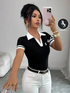 Women's Colorblock V Neck Short Sleeve T-Shirt, Fitted Polo Shirt, Casual Fashion, Office, Home, Campus, Travel Wear