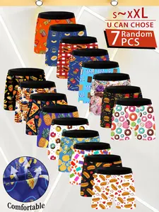 Men's Random 7-Pack Briefs, Snack Comic Graffiti Print, Fun Gift for Boyfriend, Cartoon Snack Style Design, Soft Elastic Fabric