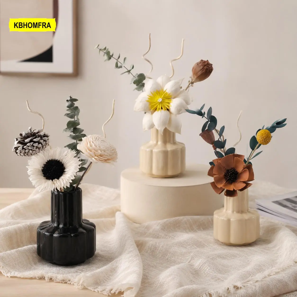 KBHOMFRA Dried Flower Reed Diffuser Jasmine, Sandalwood Diffuser Scent, With Diffuser Stick 60ml Aromatic Essential Oil For A Long-lasting Fragrance, Ceramic Vase Decorative For Living Rooms, Bedrooms, And Bathrooms.