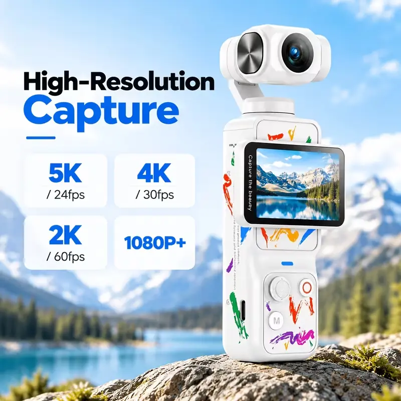 Digital motion camera, capable of shooting 5K videos, 180° rotating lens design, image stabilization device, 1.9-inch color screen, 2500mAh rechargeable battery, lightweight and portable handheld camera, suitable for travel and daily shooting.