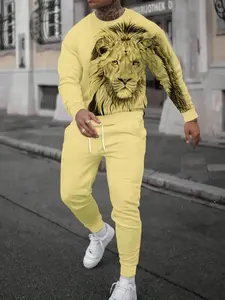 Men's 3D Animal Lion Print Hoodie Set, Casual Polyester Knit Fabric, Long Sleeve Round Neck, Drawstring Pants, Fall & Winter Fashion, Sweatsuit Set