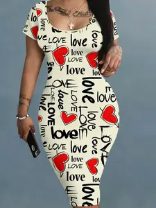 Heart Letter Print Square Neck Short Sleeve Bodycon Dress, Slim Fit, Elastic Fabric, Women's Fashion Dress for Casual Wear, Womenswear