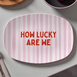 How Lucky Are We Oval Serving Tray, Pink Striped Galentine’s Day Decor, Valentine’s Day Gift for Friends, Cute Kitchen Tray