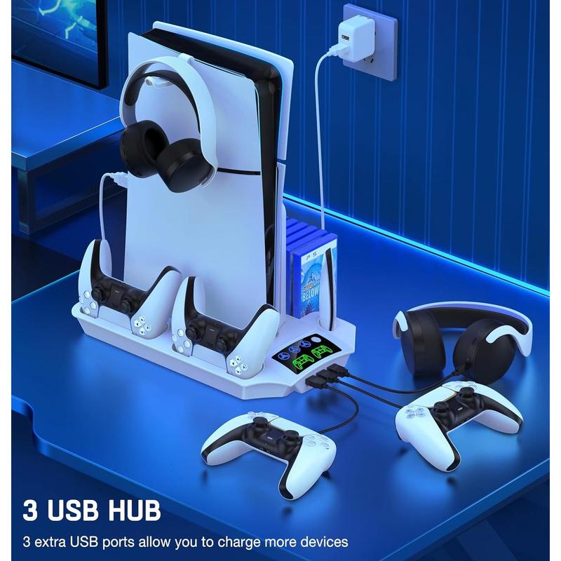 ESYWEN PS5 Pro/Slim Stand & Cooling Station with Controller Charging for PlayStation 5 Disc Digital Console, 3 Levels Fan, 13 Game Slots, 3 USB Hub, Headset Holder, Wearable