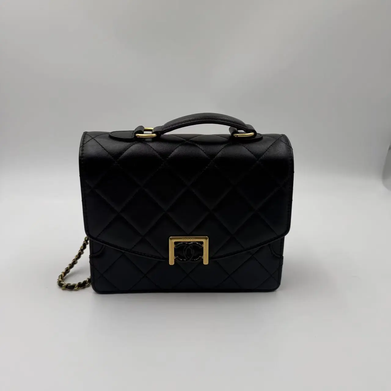 Pre-owned CHANEL leather Crossbody Bags Accordion Pushlock Top Handle Flap Bag Black