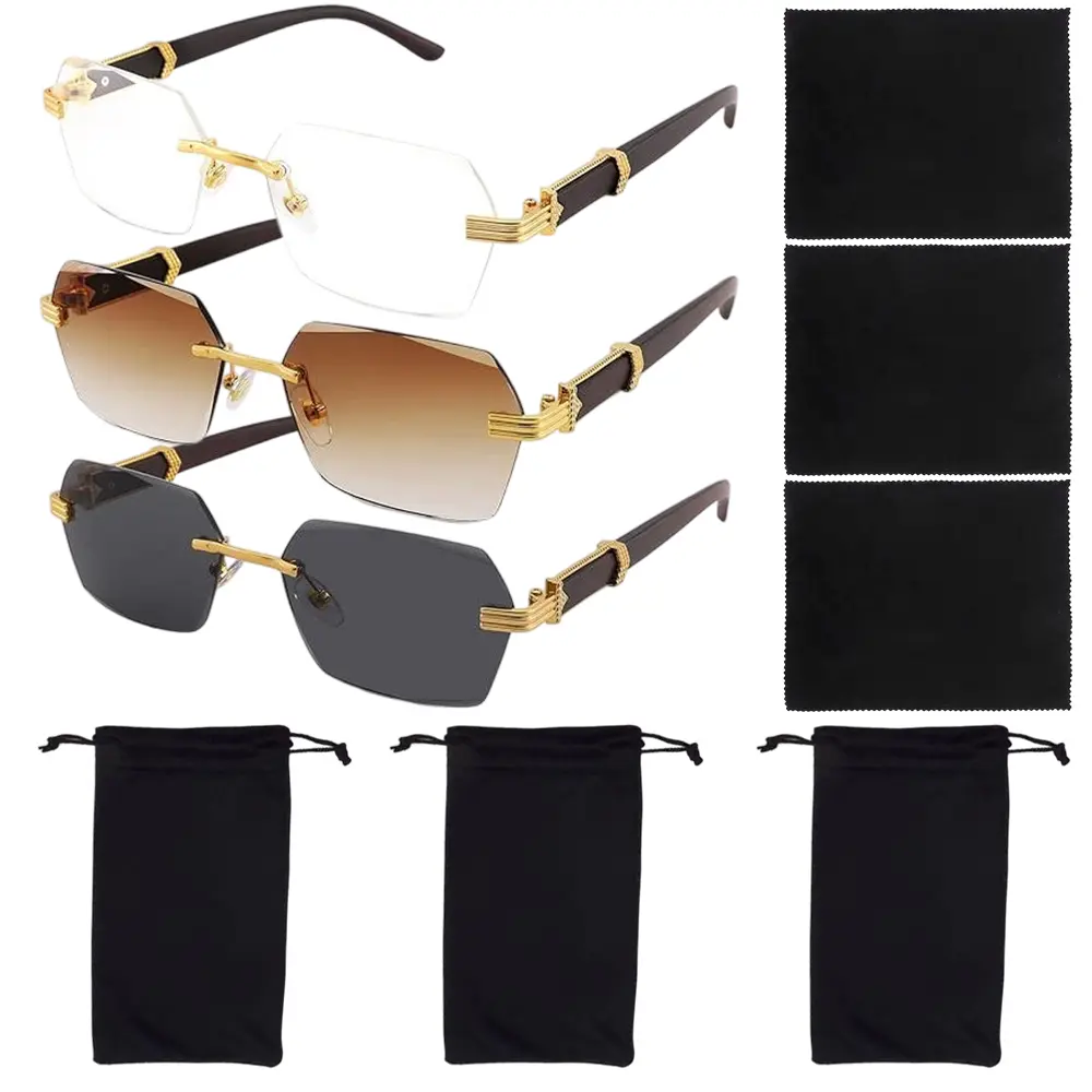 3PCS Rimless Rectangle Sunglasses for Women Men, Retro Y2K Shades | Frameless Square Tinted Eyewear with Lightweight Metal Temples for Driving, Travel and Everyday Wear
