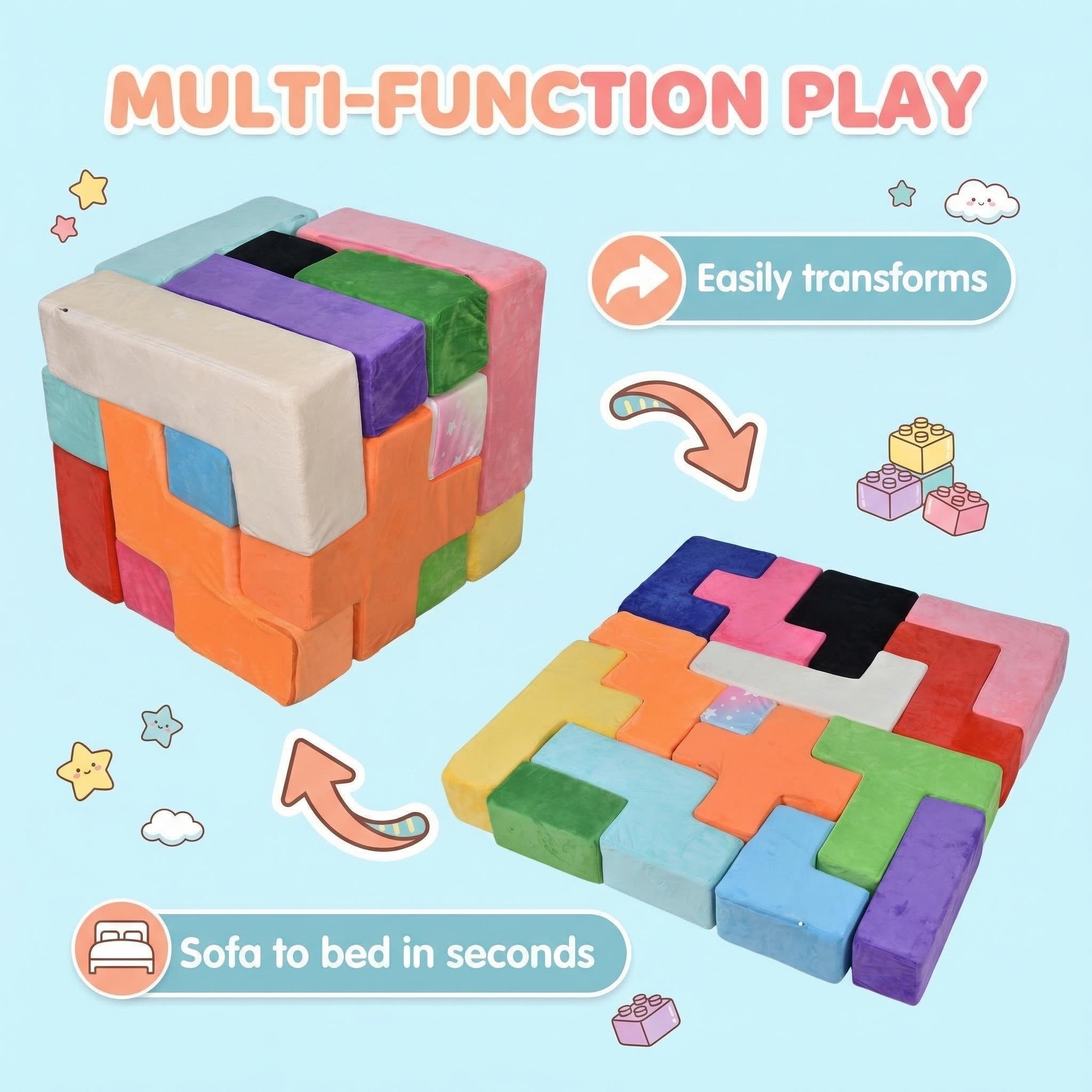 Modular Play Couch, Convertible Kids Sofa to Toddler Lounge Bed, Block Splicing Foam Furniture for 3+ Years Old, Comfy Children Couch for Christmas & Birthday Gifts