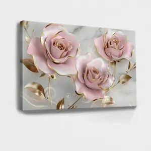 1D Flower Wall Art, Floral Wall Art, Nature Pink, Roses, Floral Arrangement, Gold, Realistic, Elegant, Sophisticated Style, Wall Decor Poster for Room, Wood Framed Canvas Painting Photo Ornaments Artwork Gifts 1pc