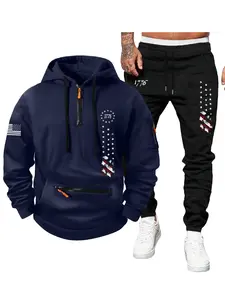 Men's Fall Winter Fashion Set, Flag Print Hoodie & Drawstring Pants, Multiple Zipper Pockets, Outdoor Sports Wear, 2 Pieces Pack