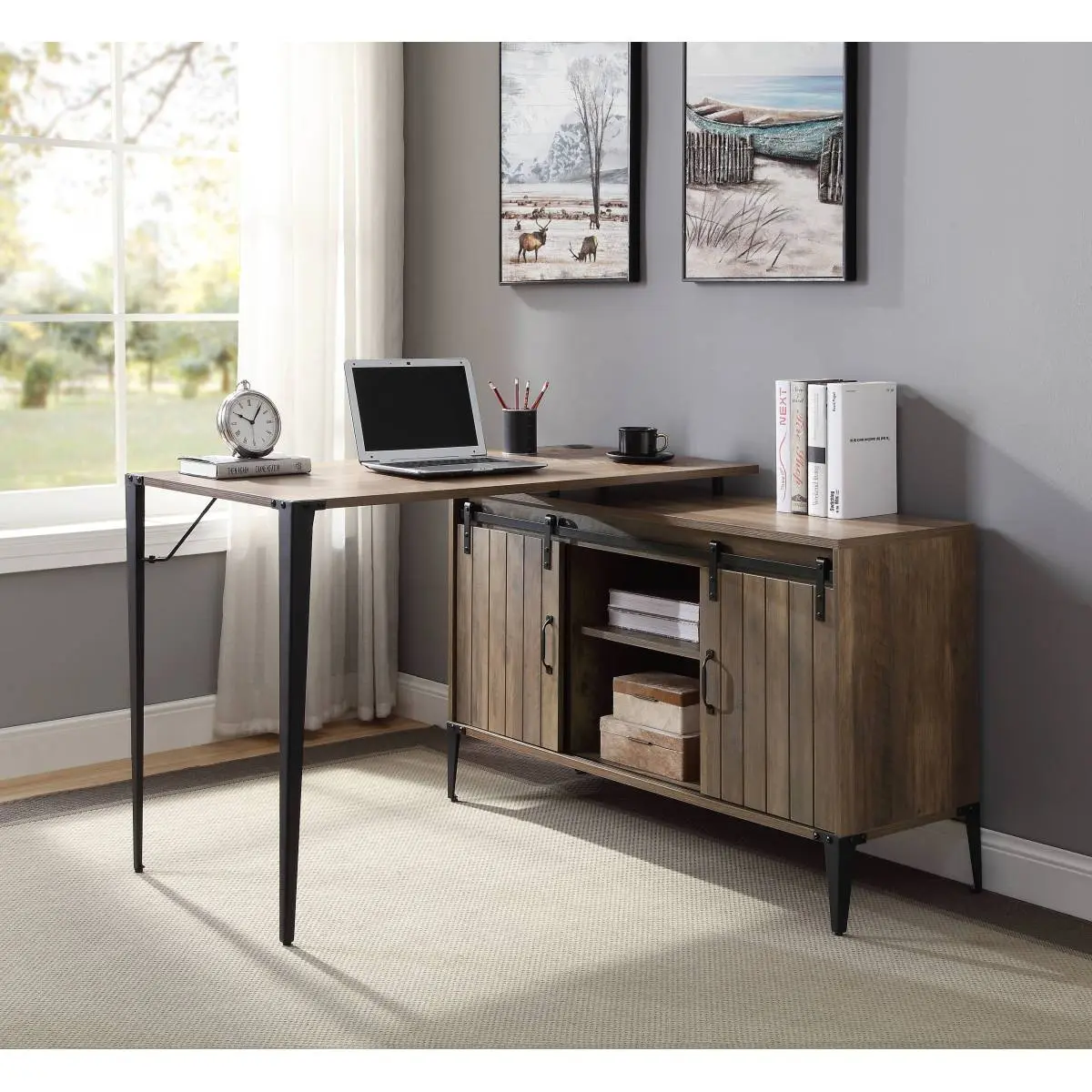 [Fahuac] 48" L-Shape Office Writing Desk - Gray Oak & Black Finish, Metal Legs, L-Shaped Modular Design, Compact Cabinet Integration, L-Shaped Modular Desks, Compact Cabinet Desks