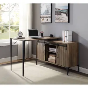 [Fahuac] 48" L-Shape Office Writing Desk - Gray Oak & Black Finish, Metal Legs, L-Shaped Modular Design, Compact Cabinet Integration, L-Shaped Modular Desks, Compact Cabinet Desks