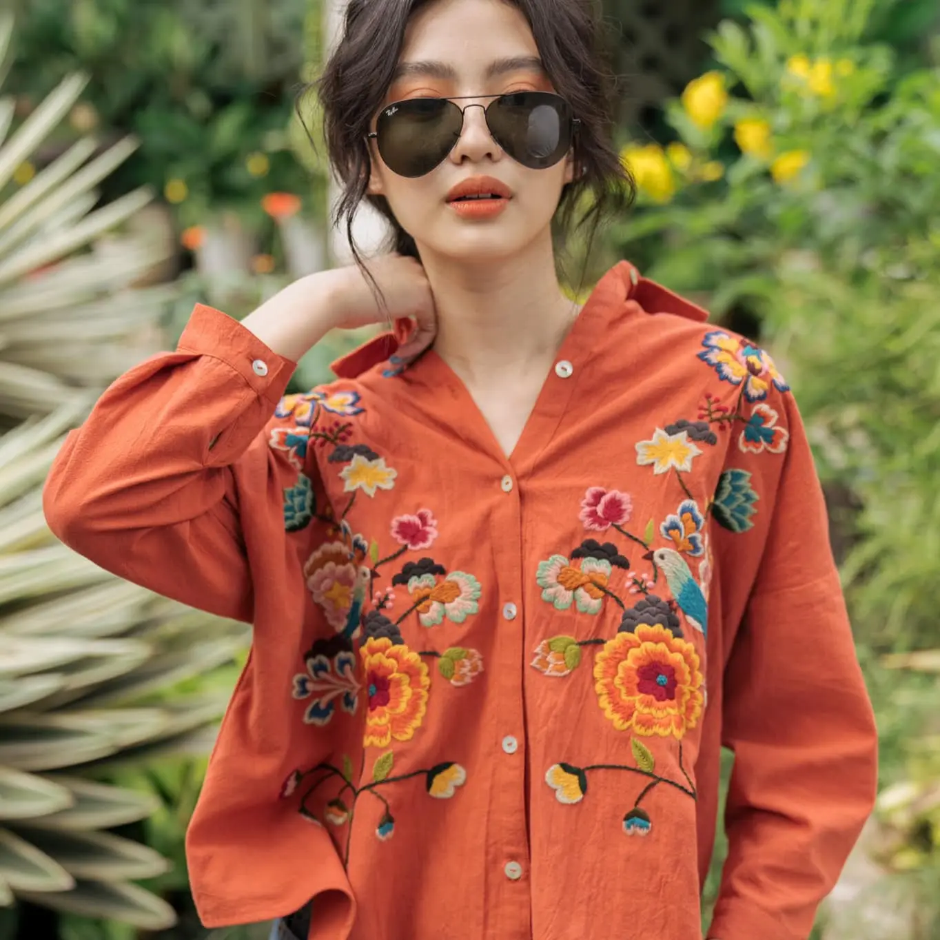 "Sophie" - Embroidered Linen shirt in Orange