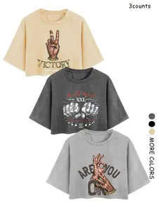 Women's Graphic Print Round Neck Crop Tee, Casual Short Sleeve Crew Neck Loose T-shirt for Summer, Fashion Women's Top for Daily Wear