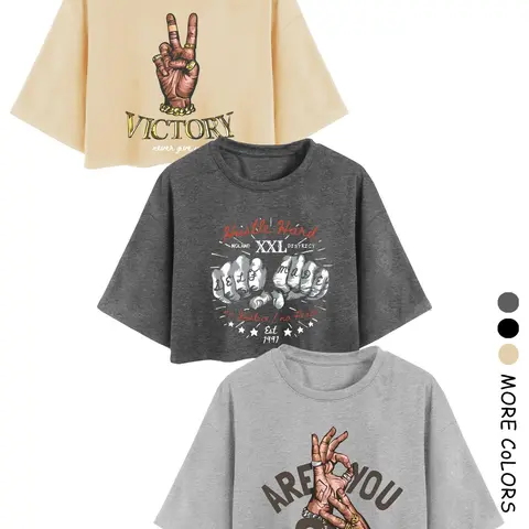 Women's Graphic Print Round Neck Crop Tee, Casual Short Sleeve Crew Neck Loose Fit Lightweight Streetwear T-shirt for Summer, Fashion Women's Top for Daily Wear, Casual Everyday Tops