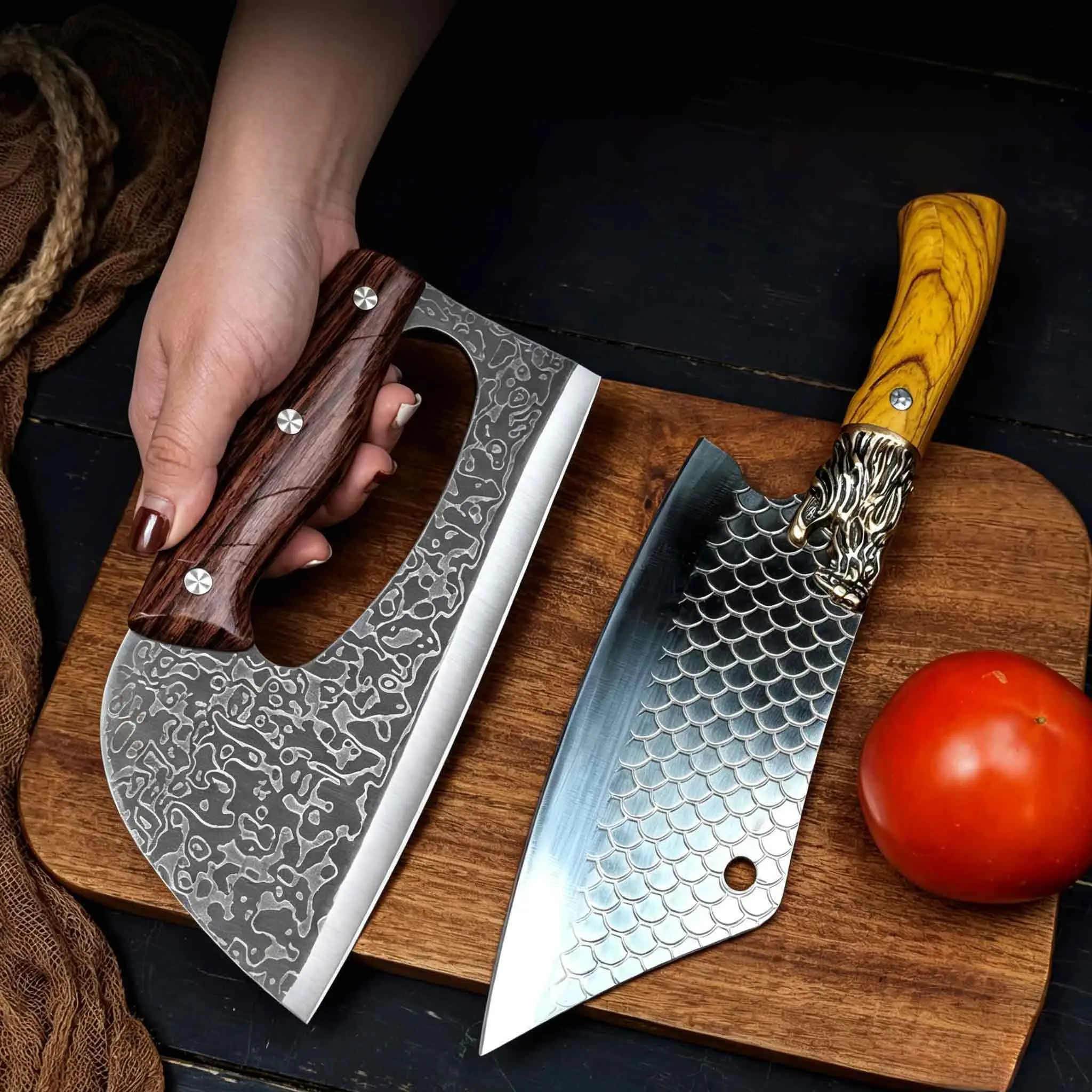 2pcs Dragon Head Cleaver for Meat & Vegetable, Sharp Kitchen Knife for Home Cooking